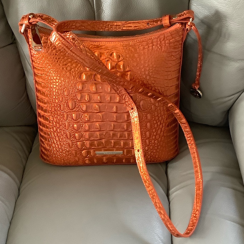 Brahmin Shiny Orange Croc-Embossed Crossbody Shoulder Bag